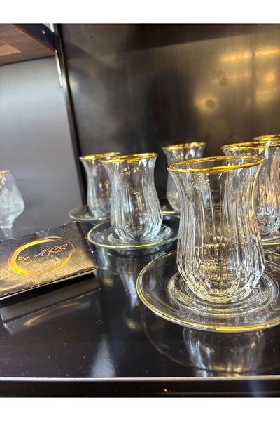 Paşabahçe ARS Echo Çay Bardağı ve Çay Tabağı Takımı, 6 Kişilik 12 Parça Gerçek Yaldızlı Çay Seti,Şık