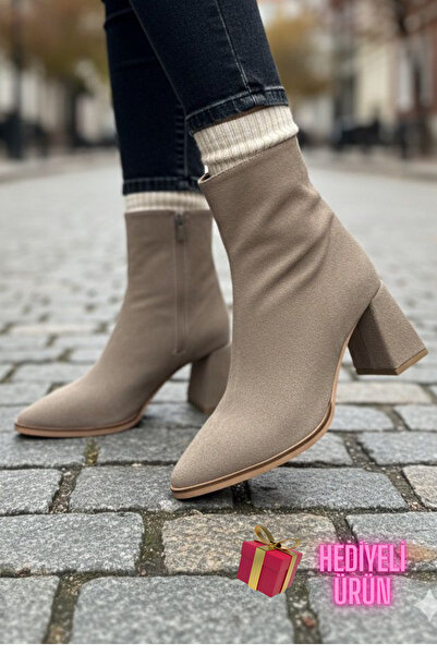 diya shoes Kadın vizon Süet Topuklu Sivri Burun Fermuarlı Bot