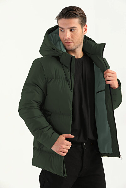 D1fference Erkek Haki Kalın Astarlı Kapüşonlu Şişme Spor Kışlık Mont