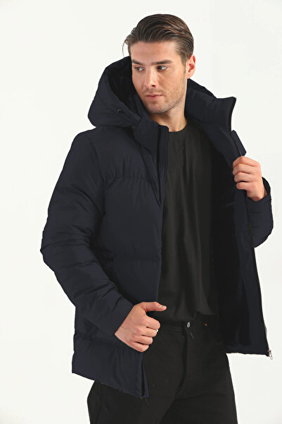 D1fference Erkek Lacivert Kalın Astarlı Kapüşonlu Rüzgar Geçirmez Şişme Kışlık Mont