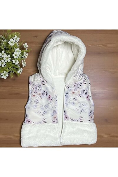 LOVE MAXX Flowered Plush Hooded Vest White
