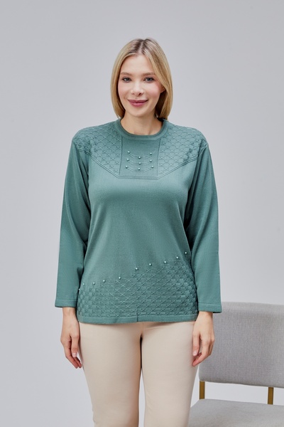 Jinx Wear Fashion Kadın Triko Yaka İnci Detay Kışlık Orta Yaş Günlük Anne Blu...