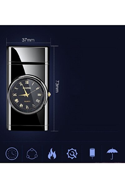 hediyeconcepti Rüzgar Geçirmez Işıklı Saatli Çakmak Siyah Mat