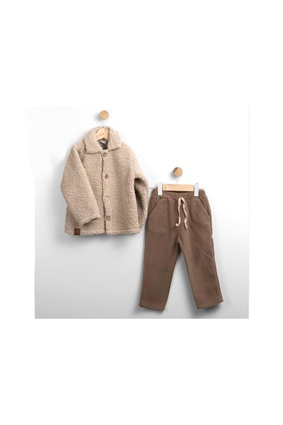 atabay Fleece Pants Plush Jacket Bottom Top Set Beige