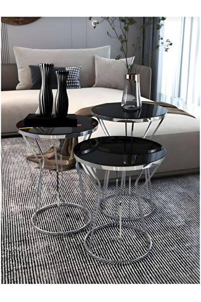 Kech Motorcycle 3'lü Kum Saati Zigon Sehpa Seti Gümüş Ayak Siyah Cam