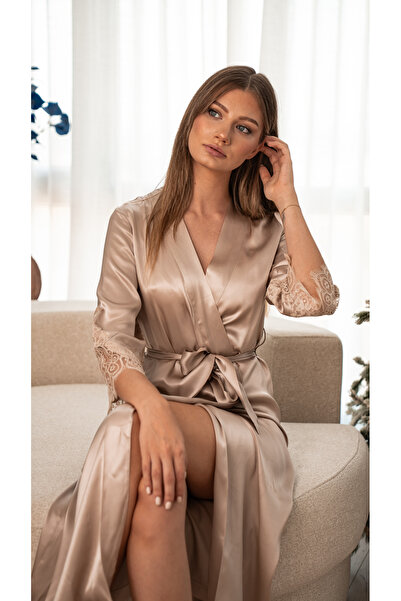 ICON SILK %100 Saf İpek Uzun Dantel Detaylı Sabahlık (Şampanya)