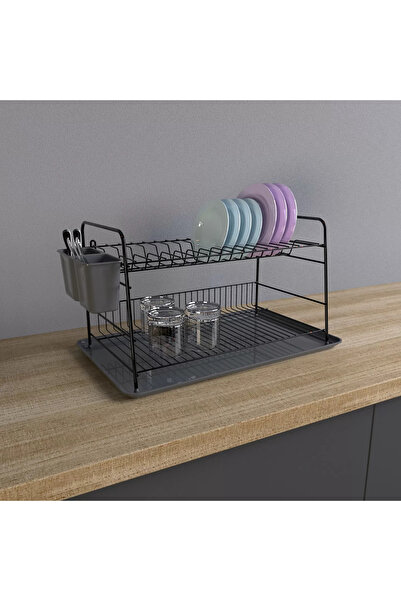 Metaltex İki Katlı Tablalı Bulaşıklık Pvc Kaplama Siyah