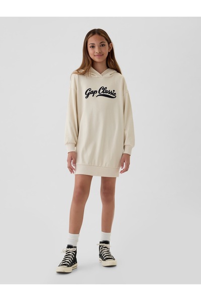 GAP Kız Çocuk Bej Vintage Soft Gap Logo Sweatshirt Elbise