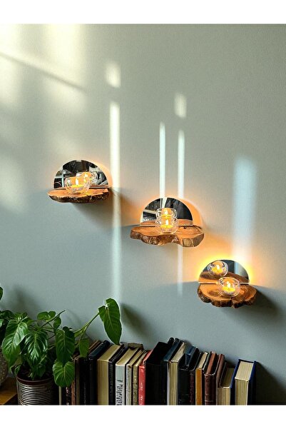 Home Zeytin Ağacı Dekoratif Aynalı Üçlü Set Duvar Rafı