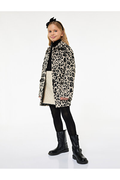 Koton Leopard Print Long Sleeve Crew Neck Coat with Flap Pockets