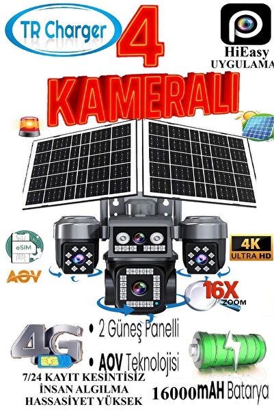 TR Charger 4 Kameralı E-SIM Güneş Enerjili Güvenlik Kamerası – Çift Güneş Paneli, SIM Kartlı AOV Akıllı Kamera