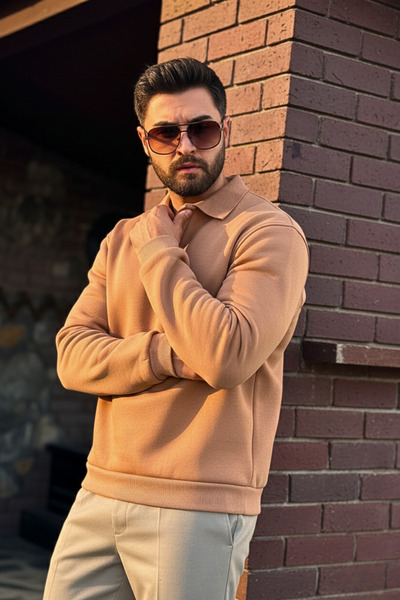 GUARAZ Мъжка кафява памучна блуза с поло яка от мек дебел плат