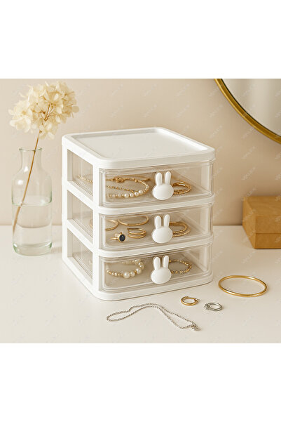 VİALEX Bunny 3 Çekmeceli Makyaj Organizeri - Bölmeli Fırça Kozmetik Makyaj Düzenleyici Organizer