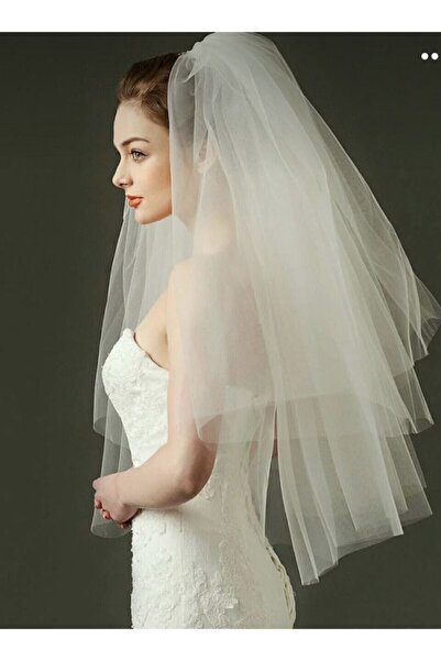 VENÜS MODA by Pınar Voal scurt 100 cm alb catifelat din tul de vis din mătase, 2 straturi, voal cu pieptene
