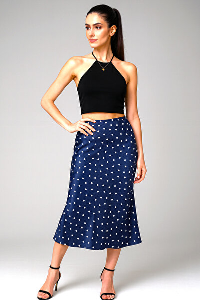 Kahra Collection Fusta elegantă din satin, lungime midi, cu buline, albastru ...