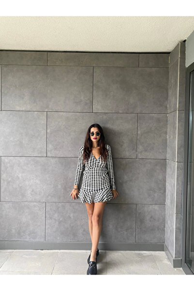 ESSE BUTİK Women's Long Sleeve Double Breasted Collar Houndstooth Micro Mini Length Dress