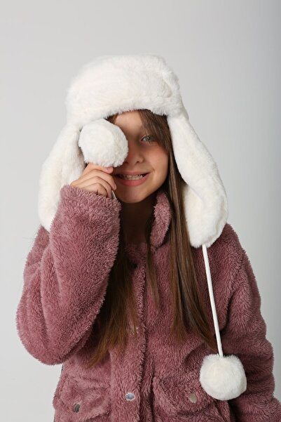 BALIENTE Дівчача шапка-бере - Екрю плюш, хутряна і з помпоном