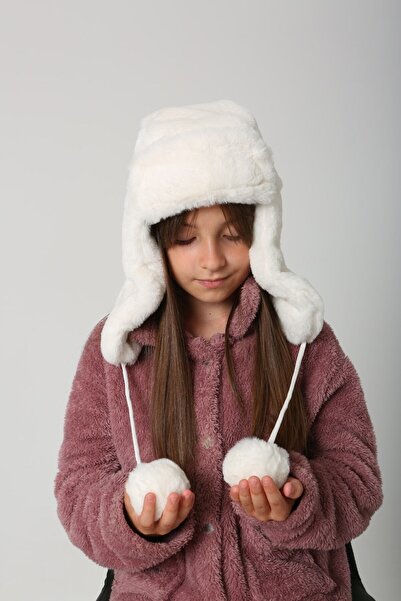 BALIENTE Дівчача шапка-бере - Екрю плюш, хутряна і з помпоном