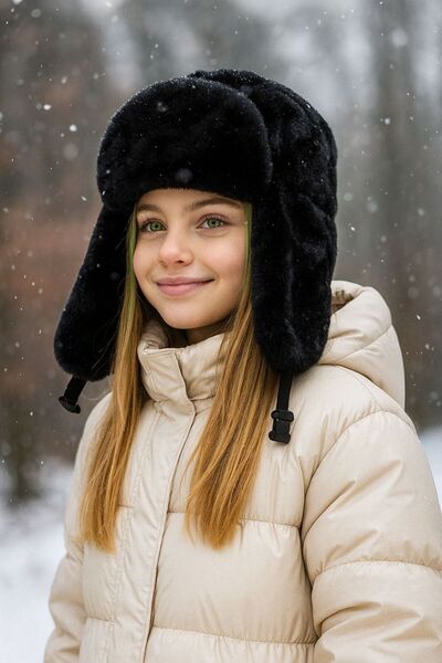 BALIENTE Black Plush Fur Girl's Beret Hat with Headphones and Snap Fasteners