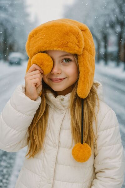 BALIENTE Pălărie Beanie pentru fete - Pluș de șofran, cu blană și pompon