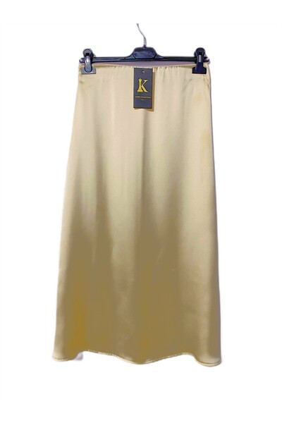 Kahra Collection Gold Krem Midi Boy Şık Saten Etek