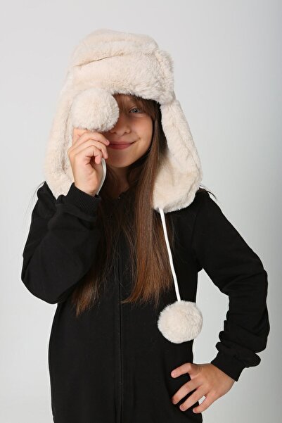 BALIENTE Girl's Beige Plush Furry Pompom Beret Hat