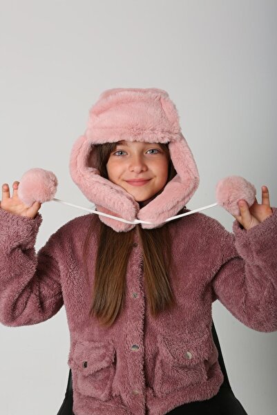 BALIENTE Pălărie roz de pluș pentru fetiță cu pompon - Căști cu blană