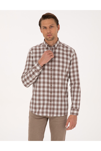 Pierre Cardin Kahverengi Kareli Regular Fit Uzun Kollu Gömlek 50298846-VR029