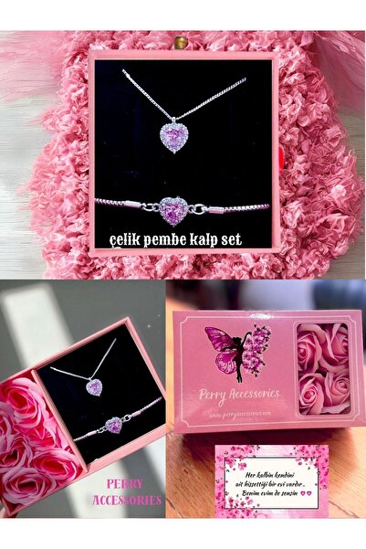 BİOFİSTORE özel güllü kutuda Kalp Detaylı Kolye Ve Asansörlü Bileklik Bijuter...