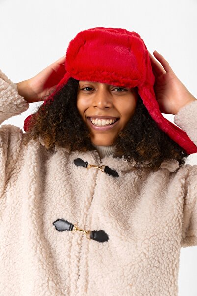 BALIENTE Red Women's Beret Hat - with Faux Fur and Headphones
