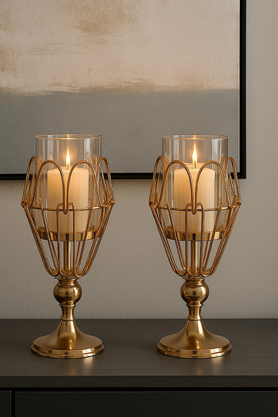 MİS KİTCHEN Gold Metal Şamdan İkili Set – Cam Koruyuculu Dekoratif Mumluk |