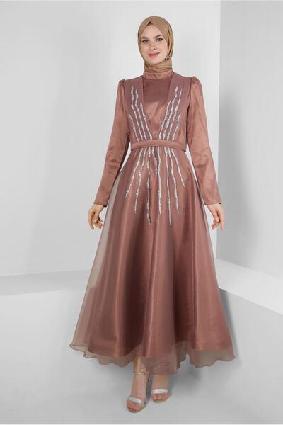 Alvina DİK YAKA TAŞ BASKILI ABİYE ELBİSE 50308