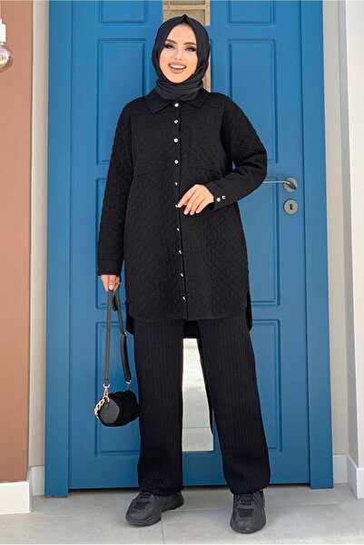 TRENDTESETTÜR Γυναικείο μαύρο καπιτονέ τουνίκ με κουμπιά τσέπης 5216