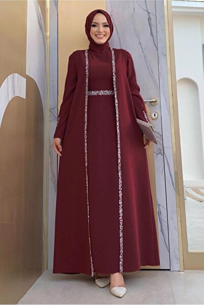 TRENDTESETTÜR KADIN BORDO YELEKLİ ELBİSELİ TAKIM T 8383