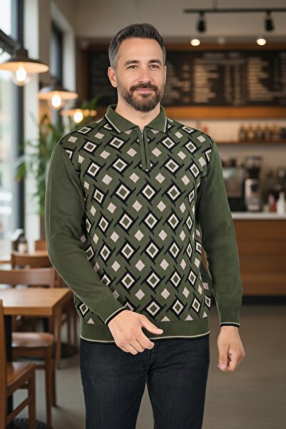 Kamalı Чоловічі сталеві в'язані сорочки комір на блискавці комір поло смугастий візерунок непілінговий трикотажний светр зимовий тато