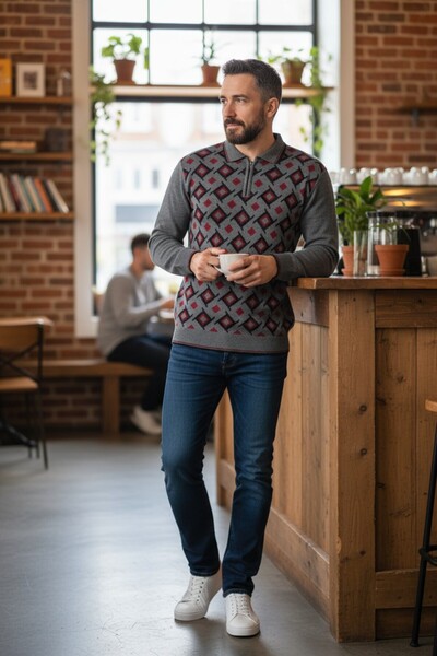 Kamalı Erkek Çelik Örgü Gömlek Yaka Fermuarlı Polo Yakalı Çizgili Desen Tüylenmeyen Triko Kışlık Baba Kazak