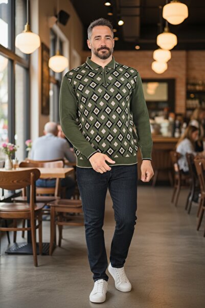 Kamalı Чоловічі сталеві в'язані сорочки комір на блискавці комір поло смугастий візерунок непілінговий трикотажний светр зимовий тато