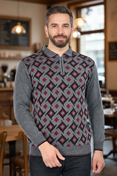 Kamalı Erkek Çelik Örgü Gömlek Yaka Fermuarlı Polo Yakalı Çizgili Desen Tüylenmeyen Triko Kışlık Baba Kazak