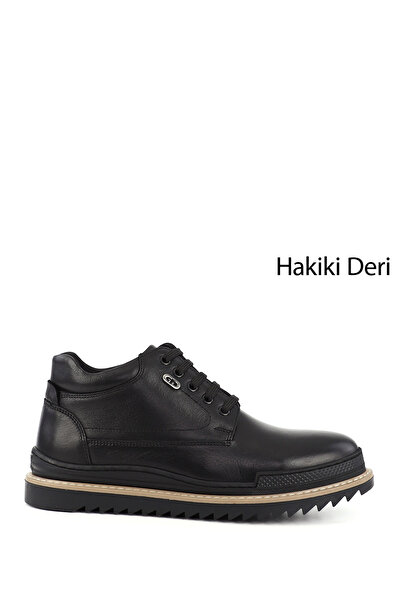 GÖNDERİ(R) Black Heel Genuine Leather Round Toe Thermo Sole Lace Up Zipper Casual Men's Boots 05203