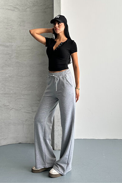 macharel jeans Women's Gray Two Thread Elastic Waist Loose Wide Leg Sweatpants