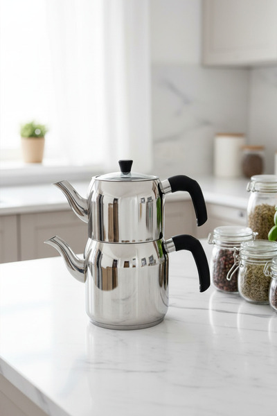 YUNUSOĞLU HOME Hanzade Family Size Stainless Steel Teapot – Shiny Silver, Ergonomic Handle, High Heat Resistance