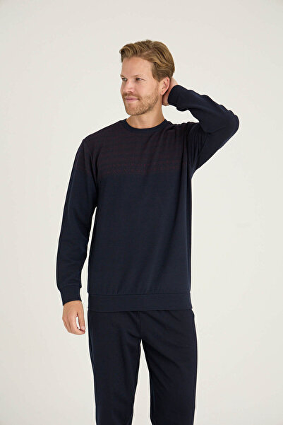 KLY Men's O-Neck Ribbed Pajama Set with Sleeves and Cuffs, Stylish Design, Thick Fabric