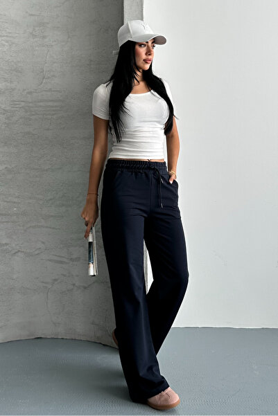 macharel jeans Women's Navy Blue Two Thread Elastic Waist Loose Wide Leg Sweatpants