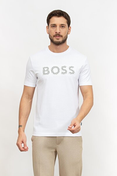 BOSS Erkek Büyük Logo Detaylı Kısa Kol Günlük Beyaz1 T-Shirt 50521520-101