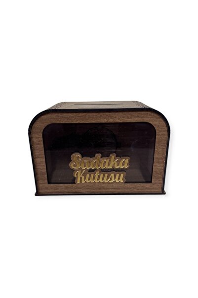 UNT Ahşap Sadaka Kutusu - Şeffaf Pencereli, Gold Pleksi Yazılı Lazer Kesim Dekoratif Model