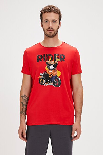 Bad Bear تي شيرت رجالي مطبوع باللون الأحمر