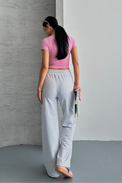 macharel jeans Kadın Gri Iki Iplik Beli Lastikli Salaş Bol Paça Eşofman Altı