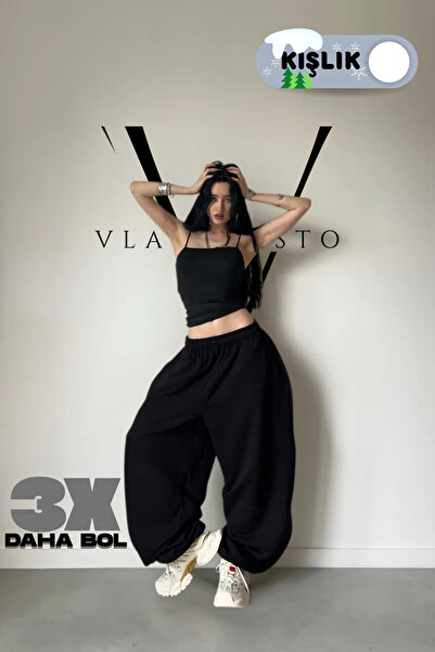 vladivosto Kışlık Tesettür Ekstra Bol Süper Yüksek Bel Gri Siyah Baggy Oversi...