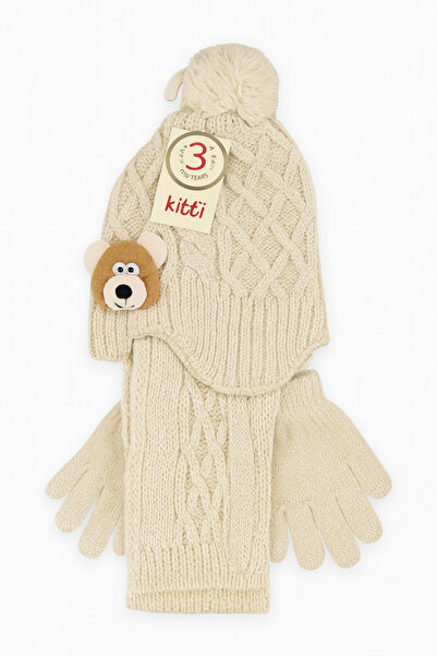 Uğur bebe Ki̇tti̇ Boys' Beige Fleece-Lined 3-Piece Winter Set (Scarf-Hat-Gloves 1-4 Years Old Warm, Soft)