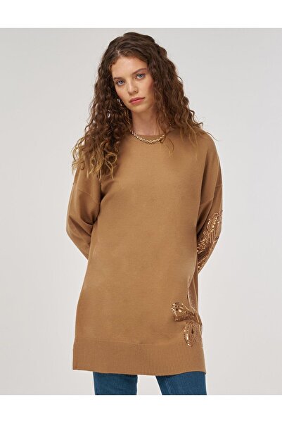 Kayra Payet Detaylı Triko Tunik Bej